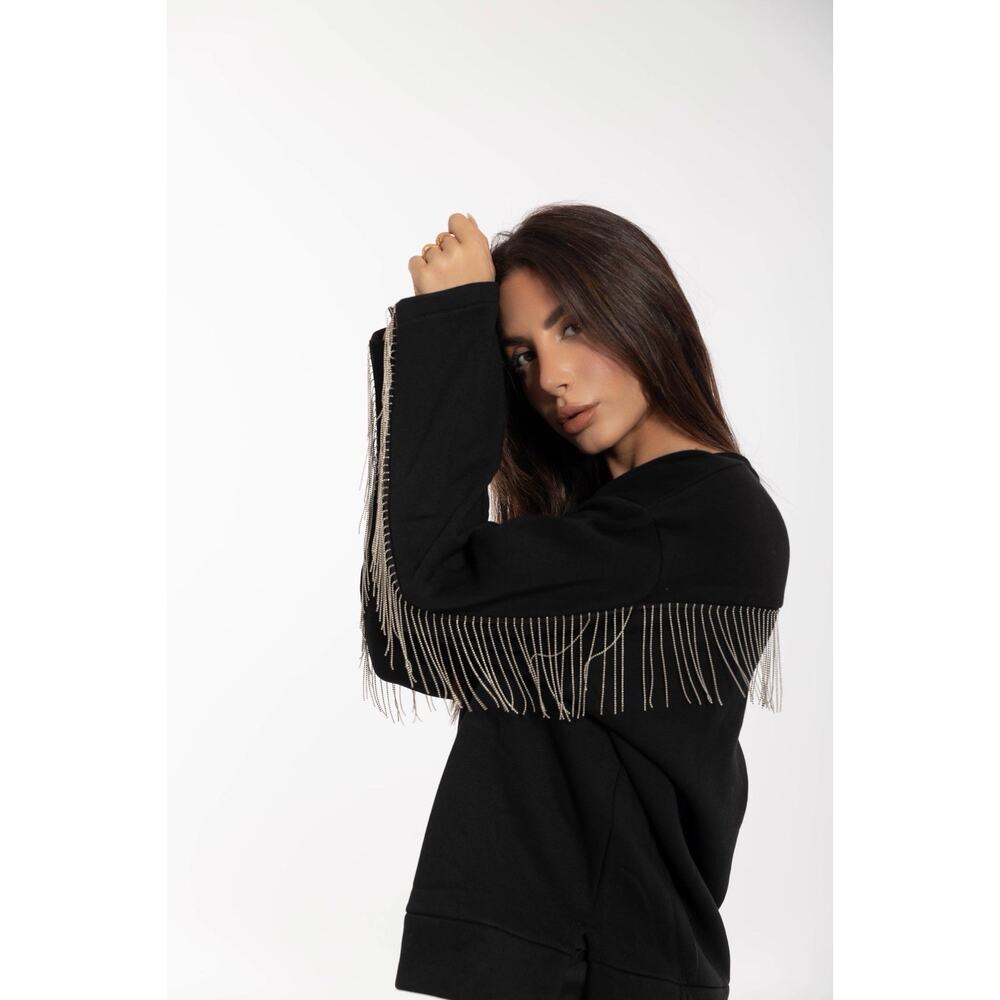 Rhinestone Fringe Cardigan Sweater Black Western Boho Glam Small - Picture 2 of 9